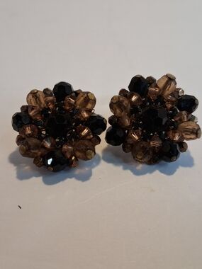 Elegant Black and Brown Crystal Cluster Clip Earrings SIGNED "EUGENE"